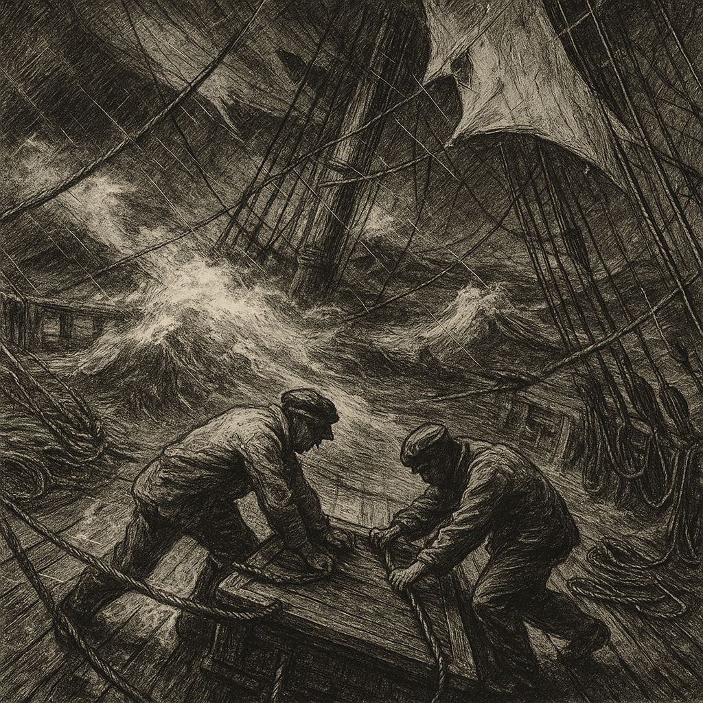 A battered immigrant ship limping around Sydney Heads, April 1855